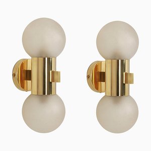 Brass and Satin Glass Sconces in the style of Sciolari, Germany, 1970s, Set of 2