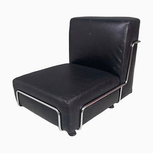 Moderner Italienischer Quadratischer Sessel aus schwarzem Leder & Metall, 1980er
