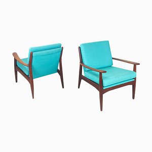 European Mid-Century Modern Armchairs in Light Blue Fabric and Wood, 1960s, Set of 2