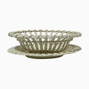 Small English Oval Fruit Basket and Saucer attributed to Wedgwood, 1907-1924, Set of 2