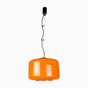 Lámpara colgante de cristal de Murano en naranja y blanco atribuida a Vistosi, años 60