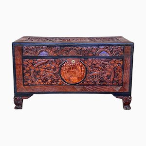 Hand Carved Chinese Camphor Wood Travelling Trunk, 1920s
