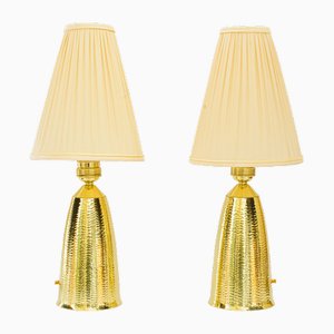 Vintage Hammered Table Lamps with Fabric Shades, 1950s, Set of 2