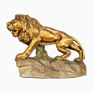 Large Brass-Colored Lion Statue, Early 1900s