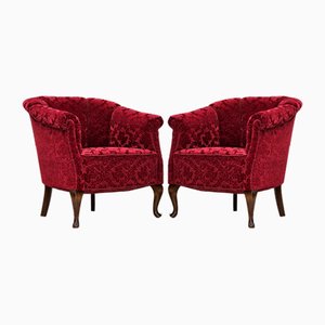 Set of Vintage Danish Lounge Chairs in Red Cotton and Wool Fabric, 1950s