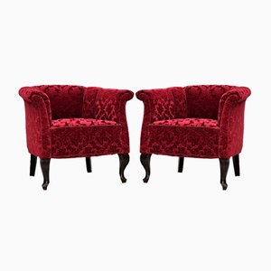 Juego de sillones daneses vintage de tela roja de algodón y lana, años 50