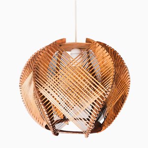 Mid-Century Portuguese Rustic Wood & Straw Farmhouse Hanging Lamp, 1960s