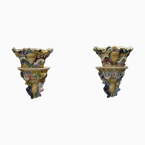 Antique Majolica Wall Vases, Late 19th Century, Set of 2