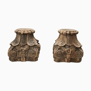 Hand Carved Wood Capitals, 1950s, Set of 2