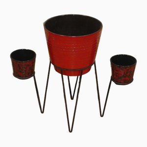 Metal Hairpinleg Plant Stand with 3 Ceramic Flower Pots, 1960s, Set of 4