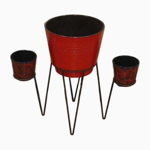 Support pour Plante en Métal avec 3 Pots de Fleurs en Céramique, 1960s, Set de 4