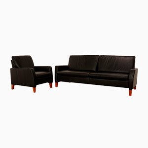 3-Seater Sofa and Armchair in Black Leather from Hülsta, Set of 2