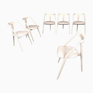 Mid-Century Italian Modern White Wood and Fabric Chairs, 1960s, Set of 6