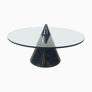 Italian Modern Round Coffe Table in Glass with Black Marble Conical Base, 1980s