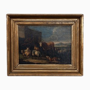 Escena de animales y pastor, siglo XVIII, óleo sobre lienzo, enmarcado