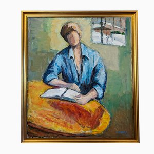 Lire un livre, 1950s, Huile sur Toile, Encadré