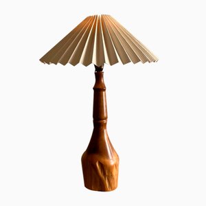 Brutalist Natural Edge Wooden Table Lamp with Turned Details, France, 1950s