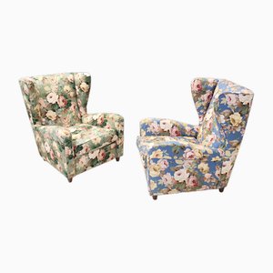 Vintage Floral Fabric Wingback Armchairs by Paolo Buffa, 1950s, Set of 2