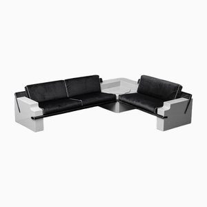 Five-Seater Corner Sofa in Black and Plastic Velvet, 1970s
