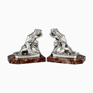 Art Deco Silvered Frog Bookends by Maurice Frecourt, 1930, Set of 2