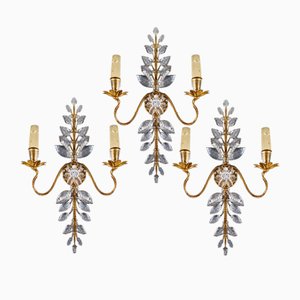 Floral Wall Lights in Crystal and Gold Metal from Maison Baguès, 1890s, Set of 3
