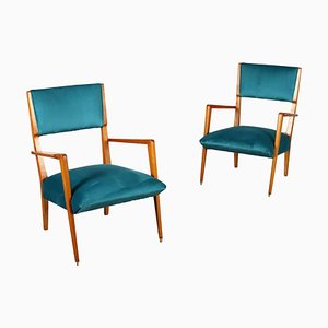 Set of Vintage Armchairs in Velvet & Brass, Italy, 1950s