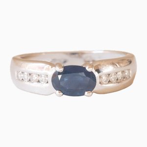 Vintage French Band Ring in 18K White Gold with Sapphire and Diamonds, 1970s