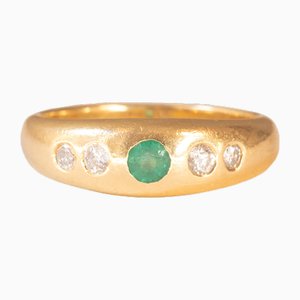 Vintage Gypsy Ring in 18K Yellow Gold with Emerald and Brilliant Cut Diamonds, 1960s