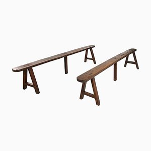 Mid-Century French Wooden Benches with Narrow and Long Seat, 1930s, Set of 2