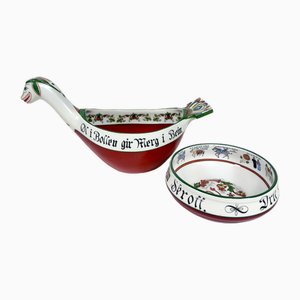 Norwegian Folk Art Drinking Bowl and Viking Dragon Boat-Shaped Ale Bowl with Hand-Painted Decor from Porsgrund Porcelain, 1930s, Set of 2