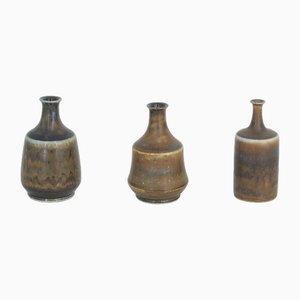 Small Mid-Century Scandinavian Modern Earthy Brown Stoneware Vases by Gunnar Borg for Höganäs Ceramics, 1960s, Set of 3