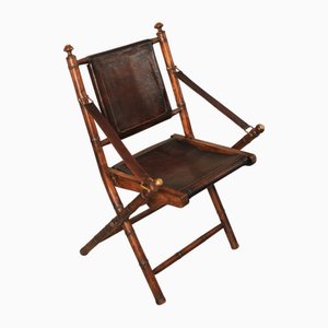 Vintage Faux Bamboo and Brown Leather Folding Safari Chair, 1950s