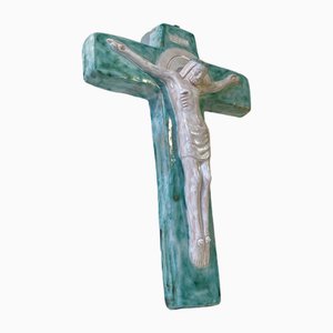 Italian Inri Crucifix in Glazed Ceramic, 1930s