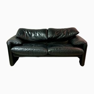 Vintage Two-Seater Sofa in Maralunga Black Leather by Vico Magistretti for Cassina, 1990s