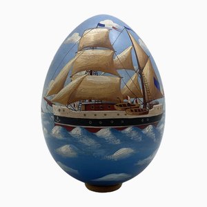 Wooden Egg in Naive Painting Style attributed to JMF Robuchon, France, 20th Century