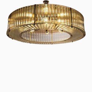 Deckenlampe im Stadium-Stil aus Vergoldetem Metall & Röhrenglas