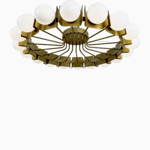 Ceiling Lamp with Antiqued Gold Metal and White Glass Bubbles with 18 Lights