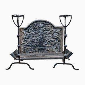 Large 18th Century Heavy Iron Fire Back, Andirons and Grate, Set of 4