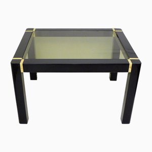Small Vintage Coffee Table in Black Lacquered Wood & Gold Metal, Smoked Glass Tray, 1970s