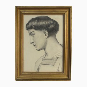 Profile Study, 20th Century, Charcoal Drawing, Framed