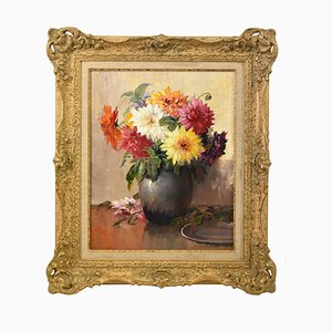 Kees Terlouw, Dahlias, Huile sur Toile, 20e Siècle, Encadrée