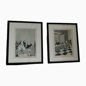 Animated Hotel Restaurant Scenes, 1970s, Prints, Framed, Set of 2