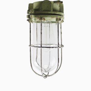 Vintage Industrial Green Cast Iron Clear Glass Flush Mount by Industria Rotterdam