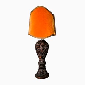 Large Portuguese Carved Wood and Half Shade Handmade Buffet Table Lamp, 1960s