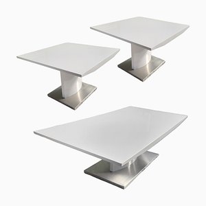 Central and Auxiliar Tables in White Laquerade and Chrome Structure, Set of 3