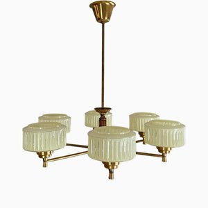Brass White Glass Six-Armed Chandelier in Rosewood from Orrefors 1960s