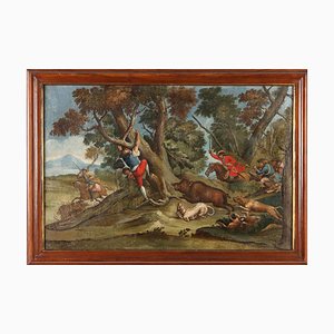 Central European Artist, The Boar Hunt, 18th Century, Oil on Canvas, Framed