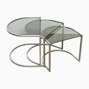 Vintage Italian Semi-Circle Nesting Tables in Chrome and Smoked Glass, 1970s