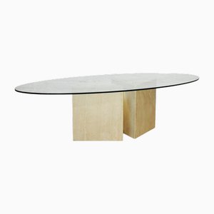 Glass Topped Oval Coffee Table on Travertine and Brass Base, 1980s