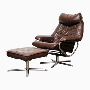 Set of Norwegian Lounge Chair with Footstool in Brown Leather from Skoghaus Industri, 1960s